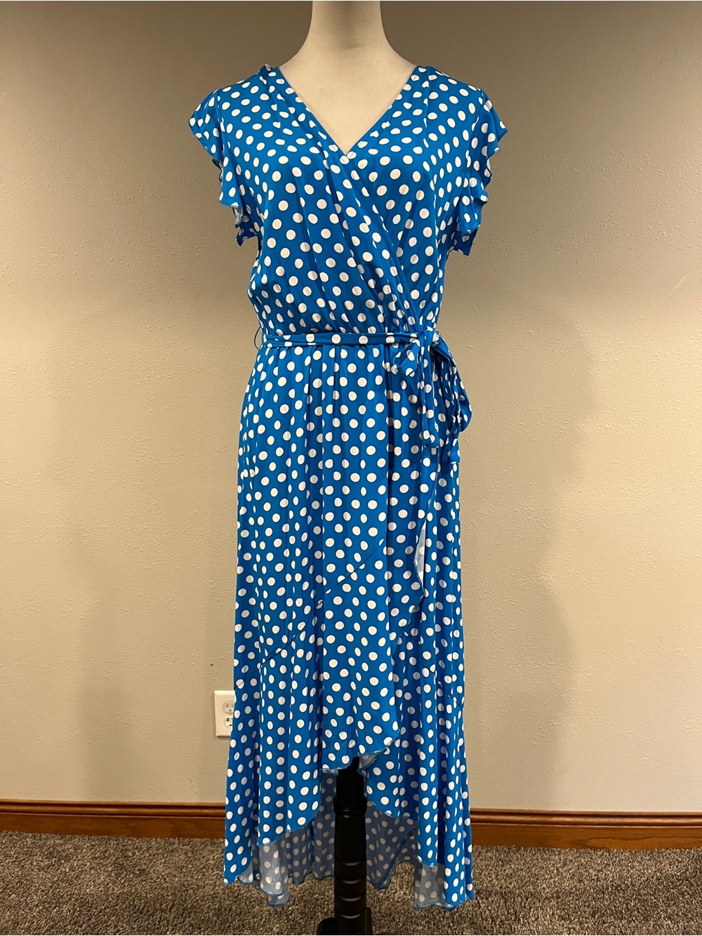 Blue Polka Dot fake Wrap Midi Dress size large